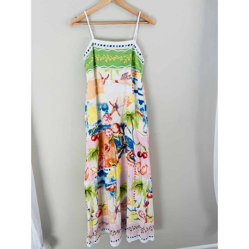 C&C California Tropical Beach Print Linen Blend Maxi Dress Womens Medium Multi